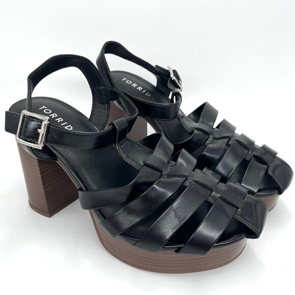 New Torrid Black Faux Leather Gladiator with Brown Chunky Heel - Size 8WW - Picture 2 of 11